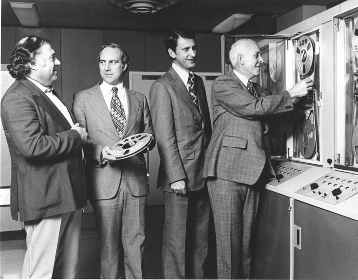 III/8, Tubemakers Pty, Sydney<br />closing down in c.1976/77<br /> L-R.: Frank Linton Simpkins, Keith Cooks Company General Manager,<br />Neil Lamming MD ICL, Alex Mackie Tubemakers DPM